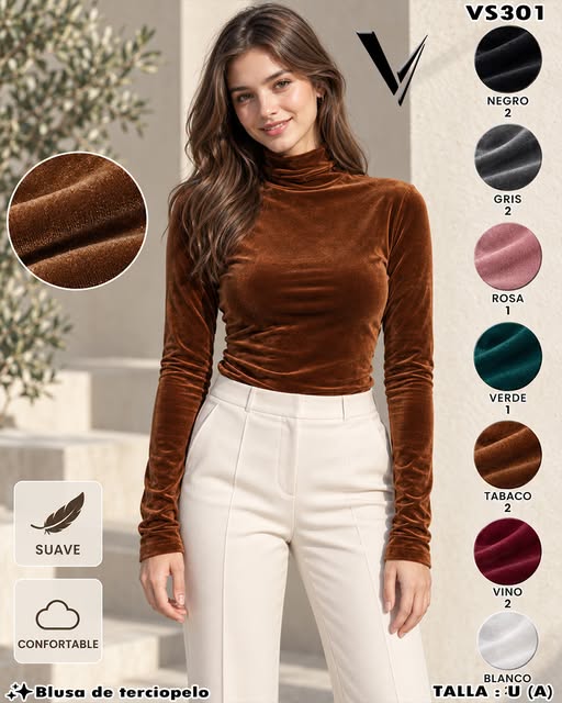 VS301 - Blusa de Terciopelo con Cuello Alto