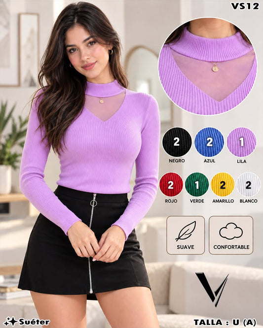 VS12 - Suéter de Cuello Alto con Transparencia