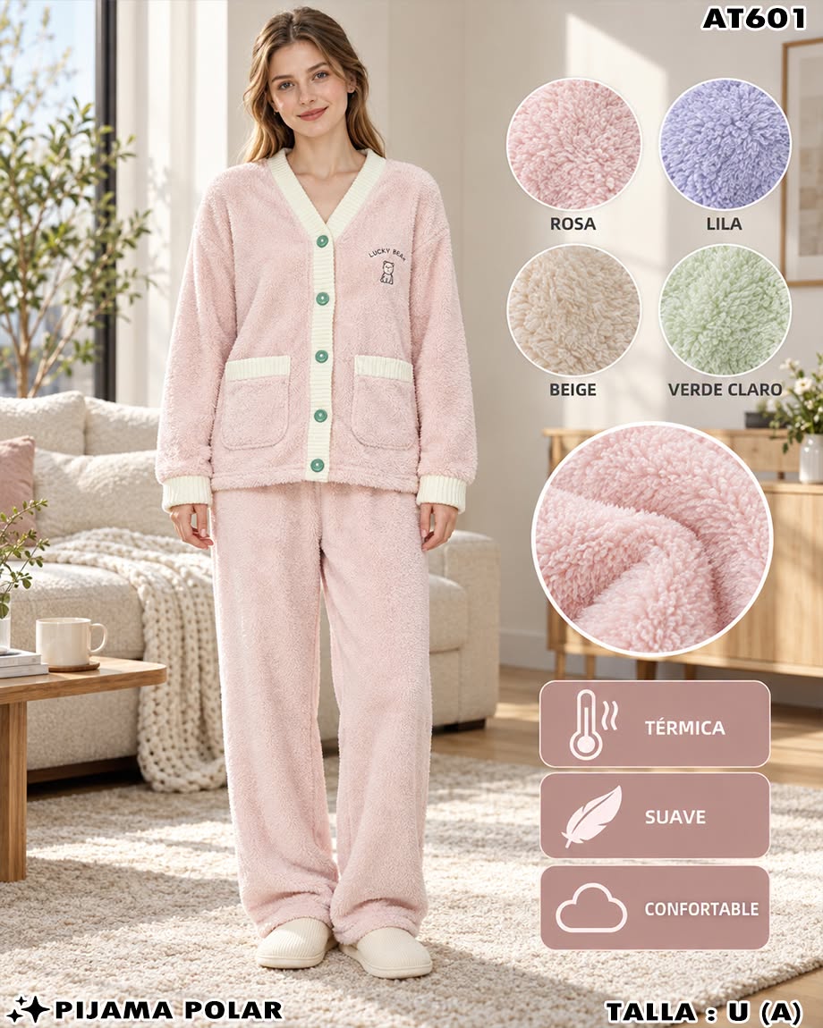 AT601 - Pijama Polar para Dama con Botones Paquete (12pzs): $145 c/u