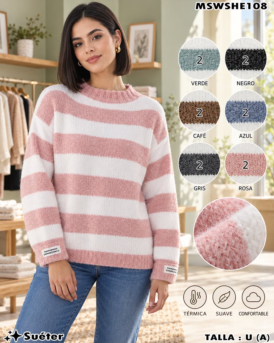 MSWSHE108 - Suéter Afelpado de Rayas con Cuello Redondo