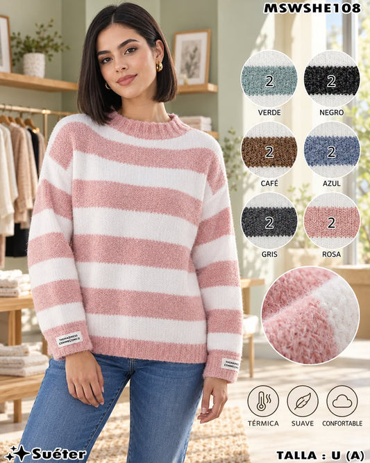 MSWSHE108 - Suéter Afelpado de Rayas con Cuello Redondo