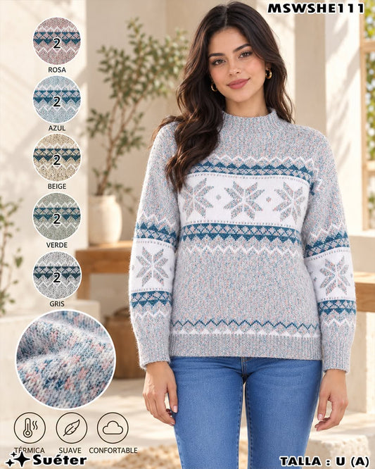 MSWSHE111 - Suéter Afelpado con Cuello Alto y Copos de Nieve