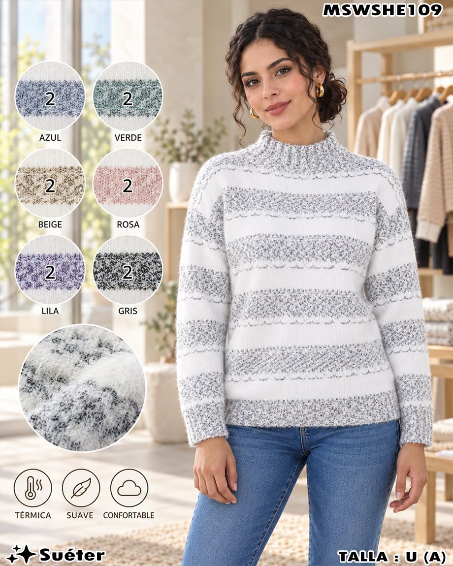 MSWSHE109 - Suéter Afelpado de Rayas Jaspeadas con Cuello Alto