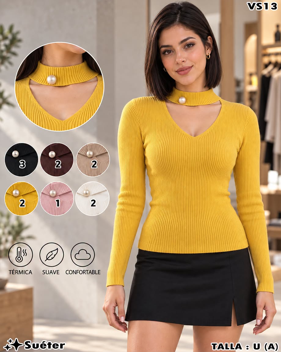 VS13 - Suéter de Canalé con Cuello Choker y Perla