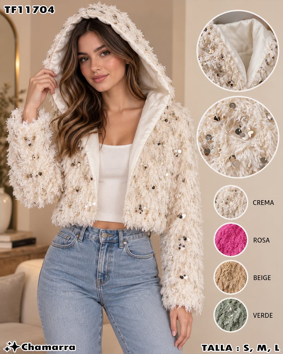 TF11704 - Chamarra de Peluche con Lentejuelas para Mujer