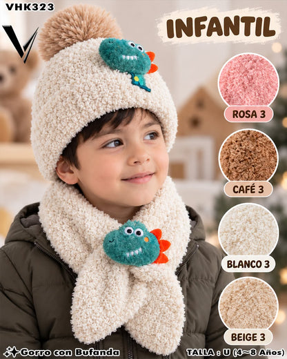 VHK323 - Set Infantil de Gorro con Bufanda de Dinosaurio