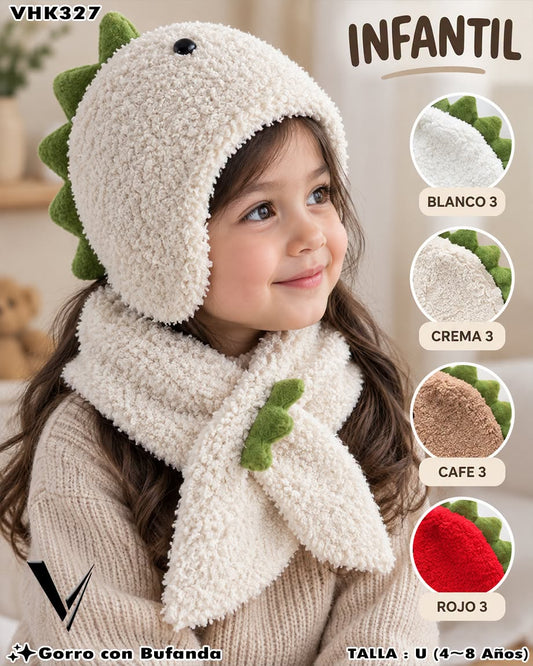 VHK327 - Set Infantil de Gorro con Bufanda de Dinosaurio