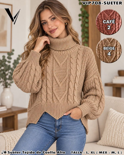 VIP708-SUETER - Suéter Tejido de Cuello Alto para Mujer