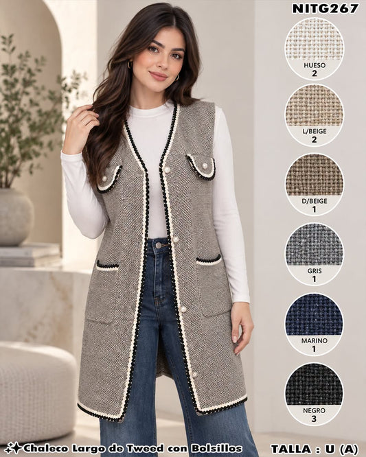 NITG267 - Chaleco Largo de Tweed con Bolsillos para Dama