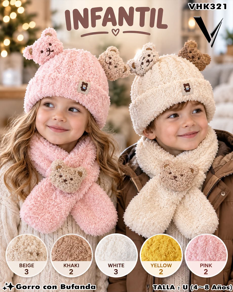 VHK321 - Set Infantil de Gorro con Bufanda de Osito