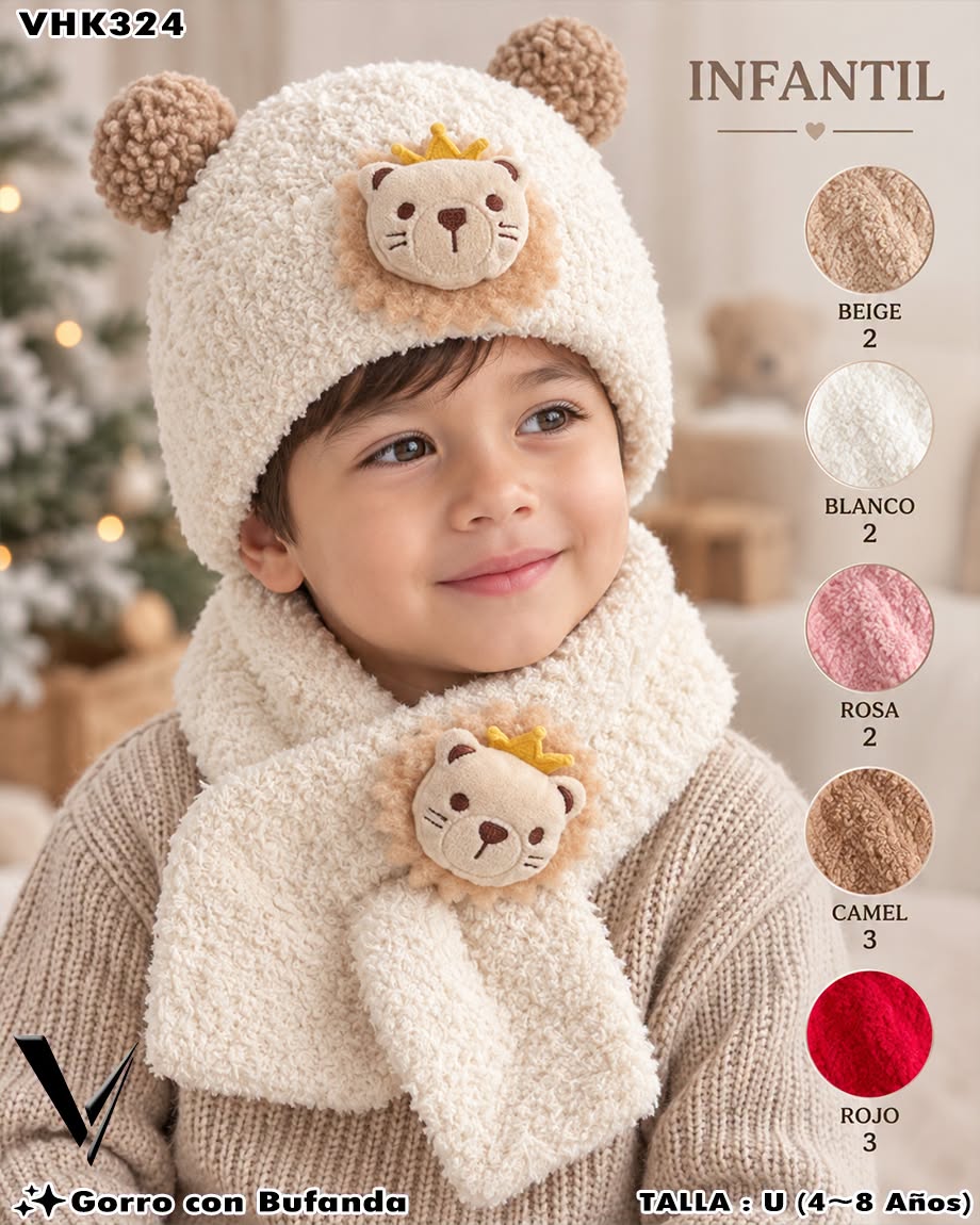 VHK324 - Set Infantil de Gorro con Bufanda de León