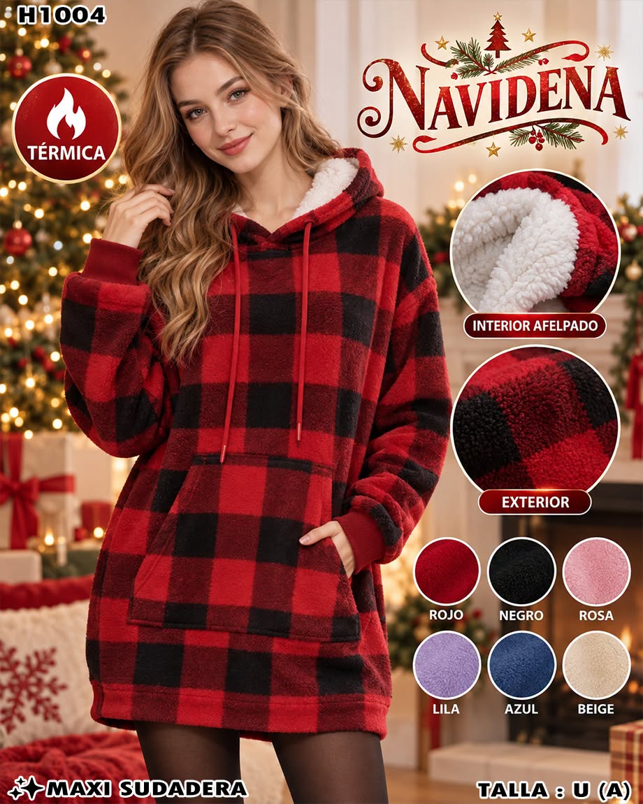 H1004 - Maxi Sudadera Navideña Térmica a Cuadros