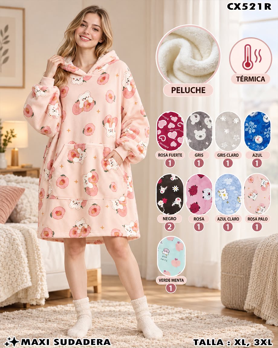 CX521R - Maxi Sudadera Térmica de Peluche con Capucha para Dama