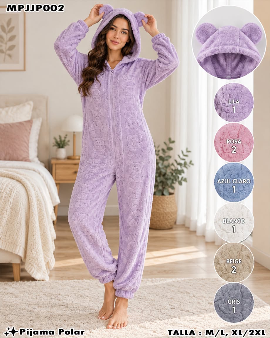 MPJJP002 - Pijama Polar de Una Pieza con Gorro de Osito para Dama