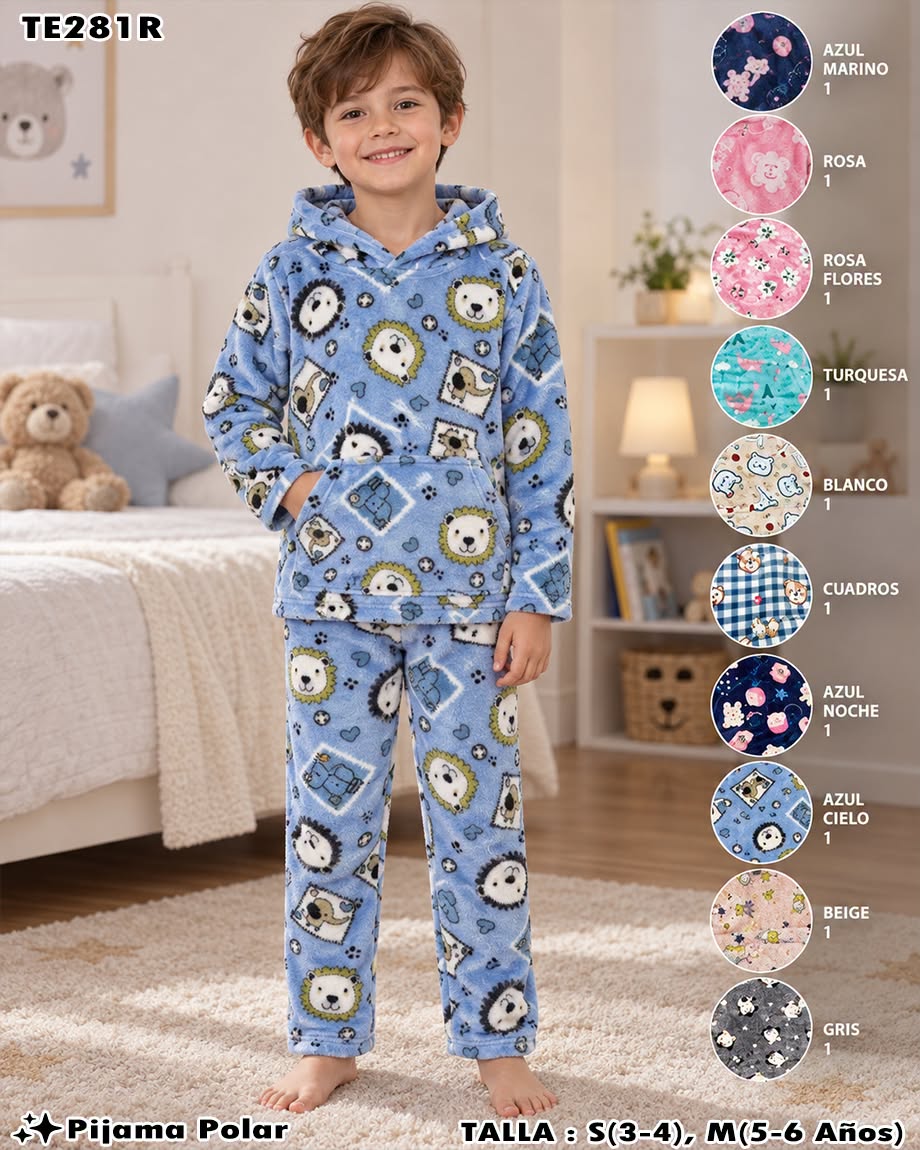 TE281R - Pijama Polar Infantil de Dos Piezas con Capucha para Niño y Niña
