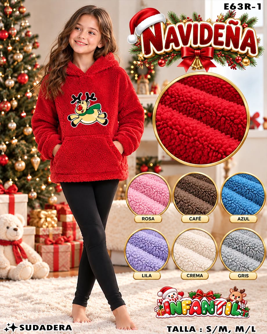 E63R-1 - Sudadera Navideña Infantil de Peluche con Capucha