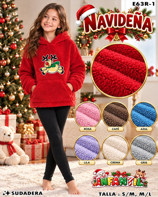 E63R-1 - Sudadera Navideña Infantil de Peluche con Capucha