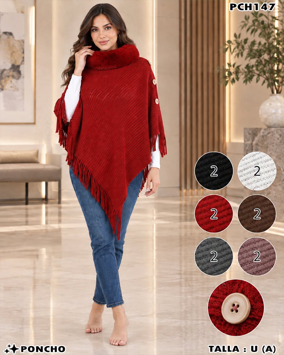 PCH147 - Poncho Tejido para Dama con Cuello de Peluche y Flecos