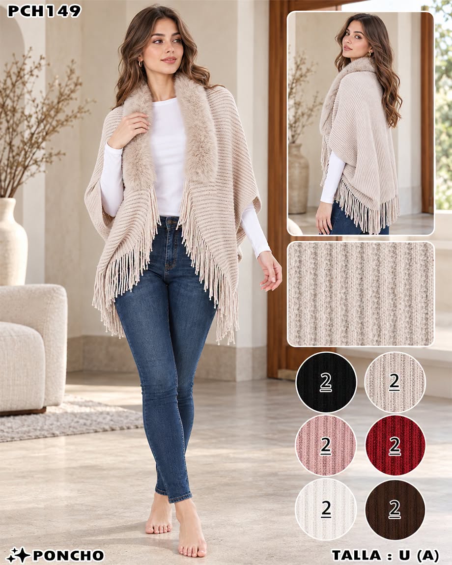 PCH149 - Poncho Tejido para Dama con Cuello de Peluche