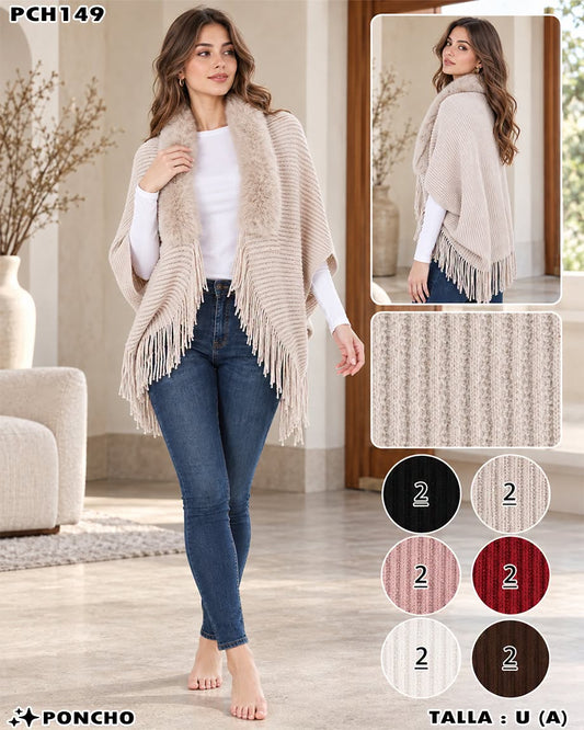 PCH149 - Poncho Tejido para Dama con Cuello de Peluche