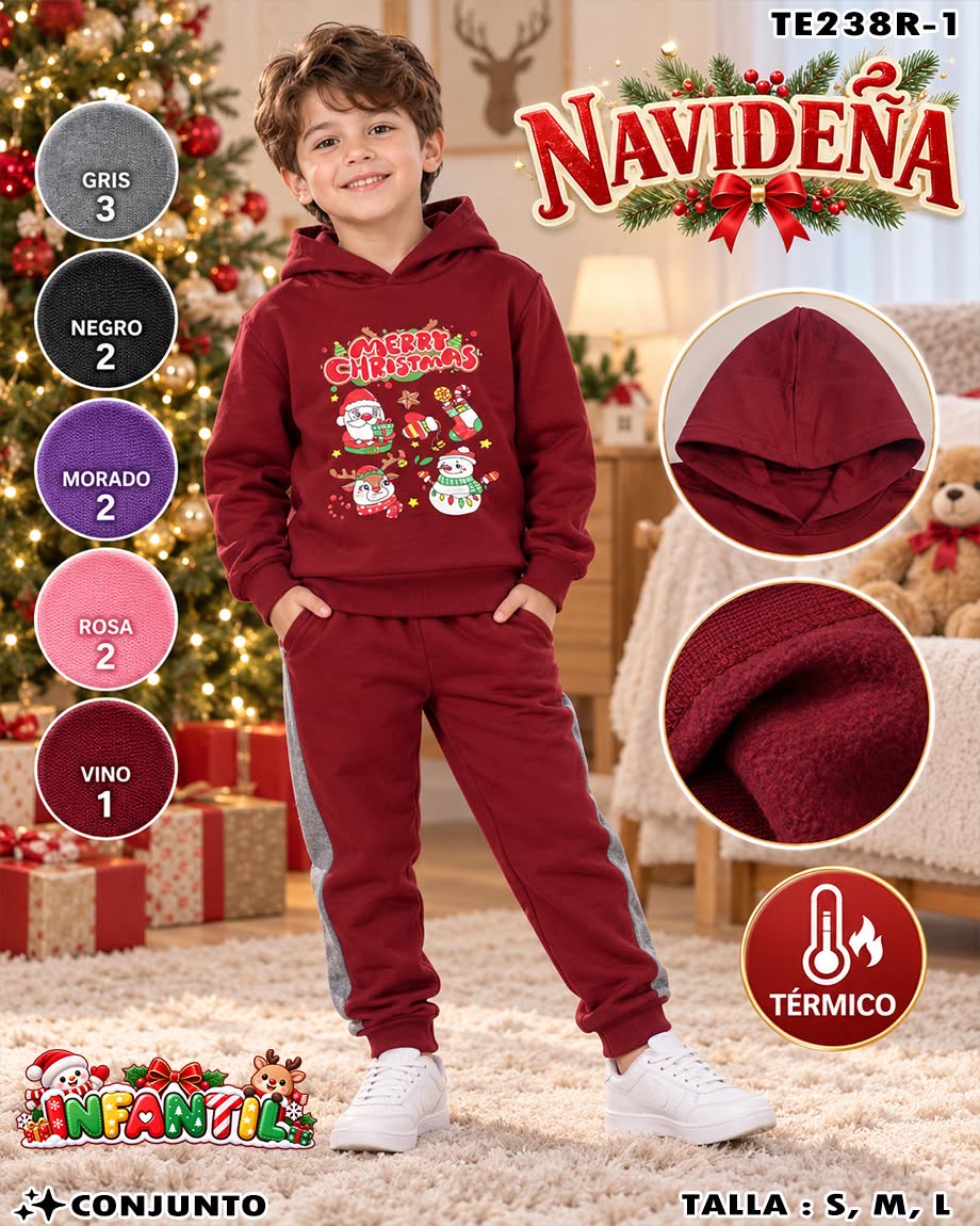 TE238R-1 - Conjunto Térmico Navideño Infantil con Capucha