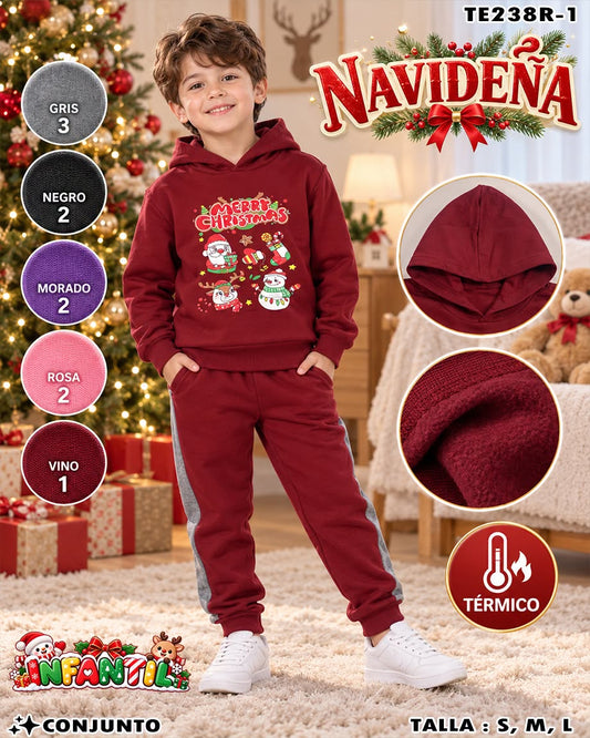 TE238R-1 - Conjunto Térmico Navideño Infantil con Capucha