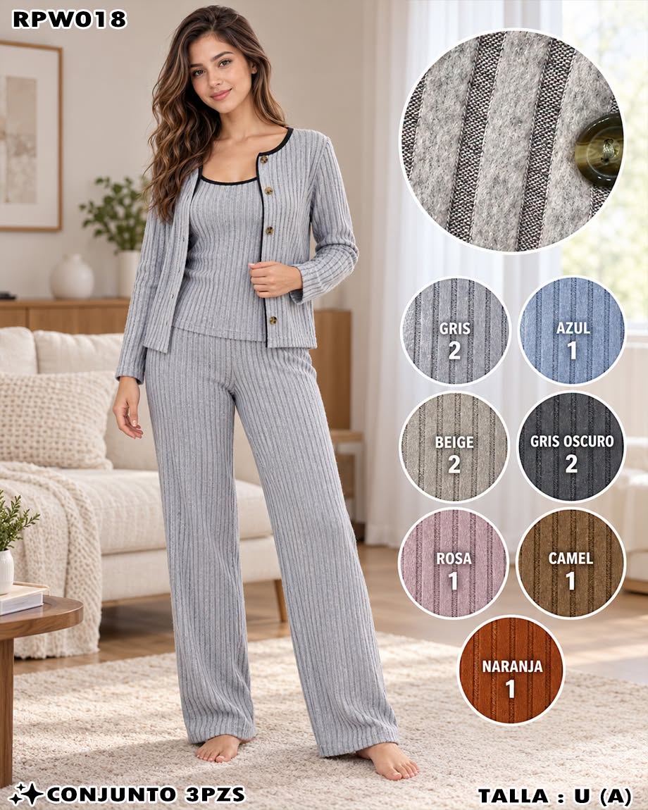 RPW018 - Conjunto Acanalado de 3 Piezas con Botones para Dama