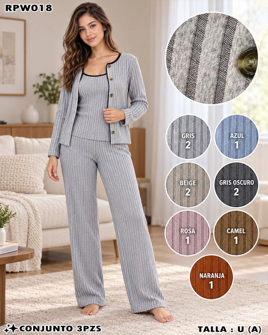 RPW018 - Conjunto Acanalado de 3 Piezas con Botones para Dama