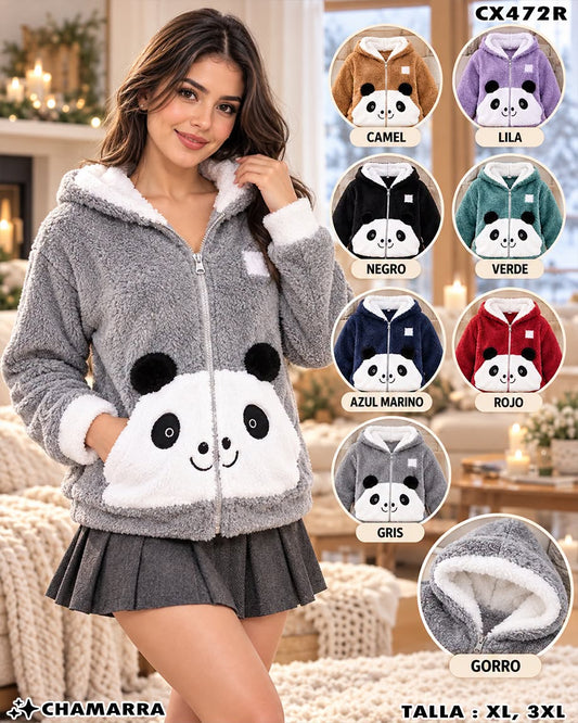 CX472R - Chamarra de Borrega con Gorro y Diseño de Panda para Dama