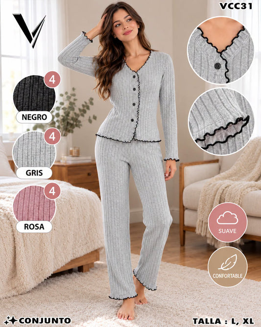 VCC31 - Conjunto de Pijama para Dama Acanalado con Botones