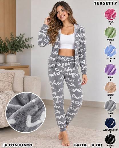 TERSET17 - Conjunto de Felpa Estampado de 2 Piezas para Dama