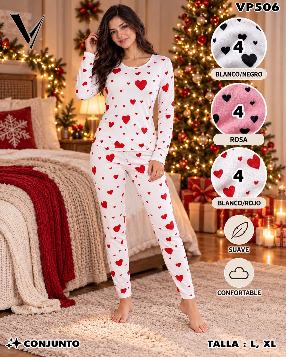 VP506 - Conjunto de Pijama para Dama con Corazones