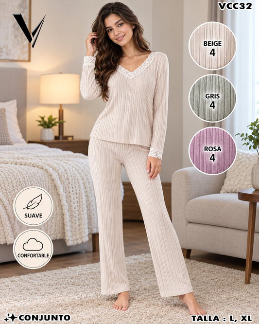 VCC32 - Conjunto de Pijama para Dama Acanalado con Encaje