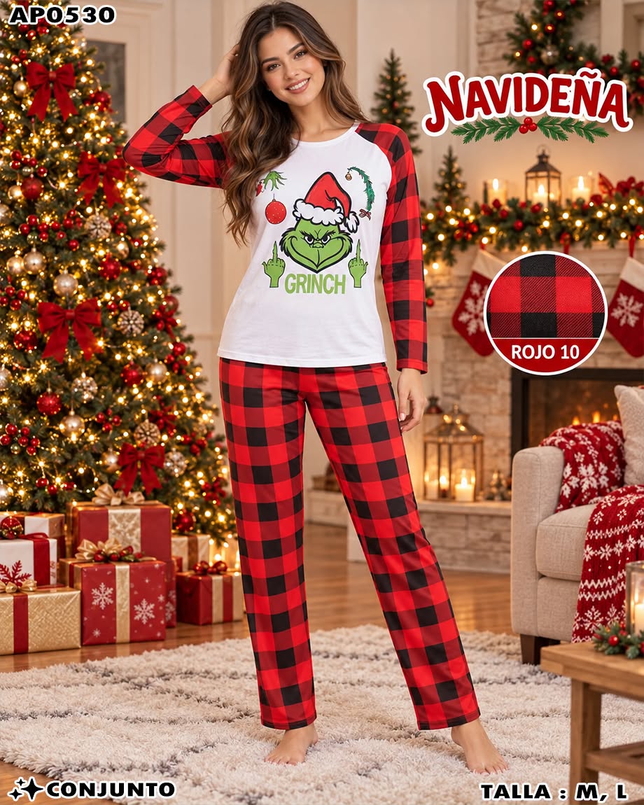 AP0530 - Pijama Navideña de Grinch de 2 Piezas para Mujer