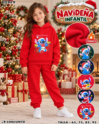 D2919 - Conjunto Navideño Infantil Térmico con Capucha y Estampado de Stitch