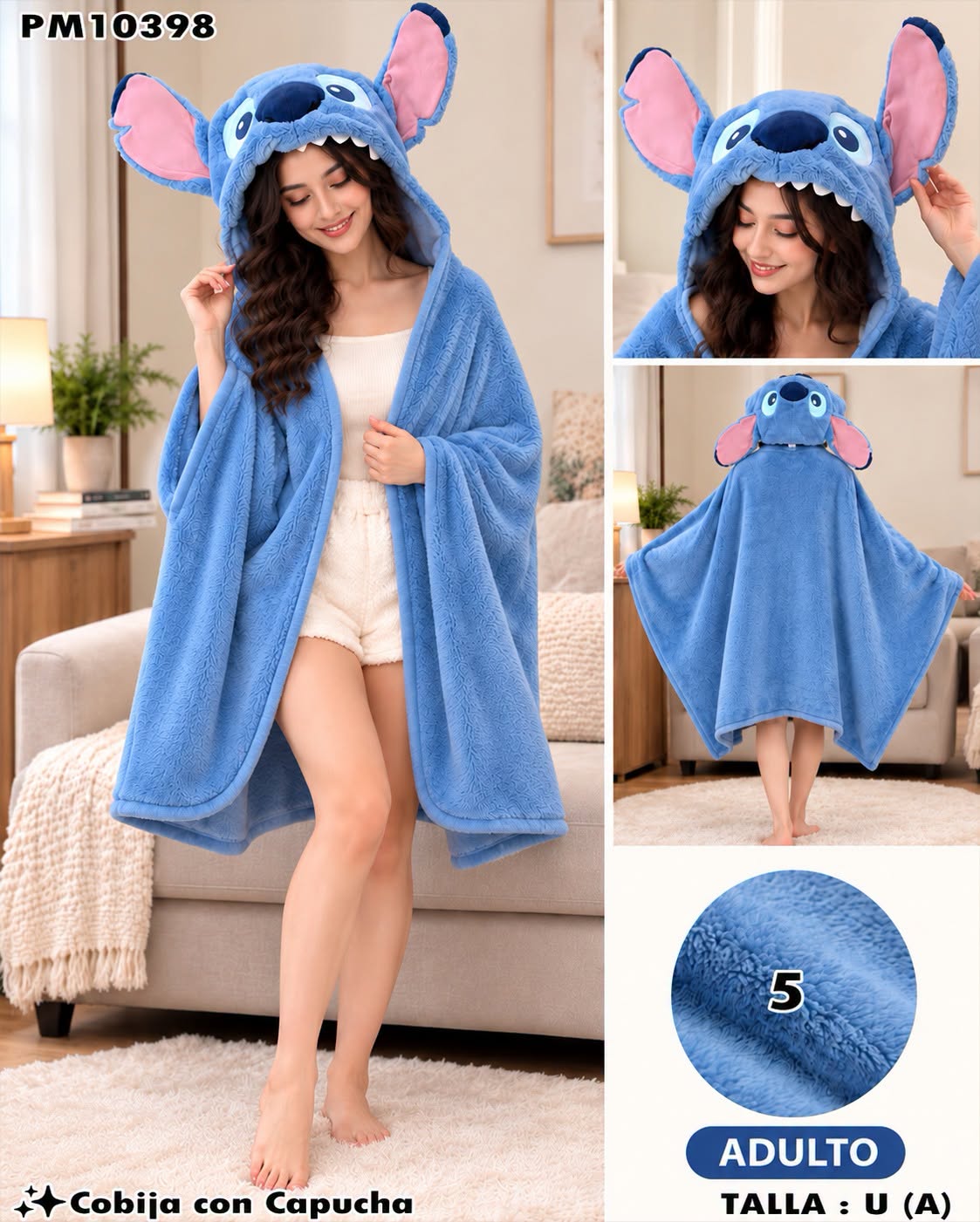 PM10398 - Cobija Grande con Capucha de Stitch para Adulto