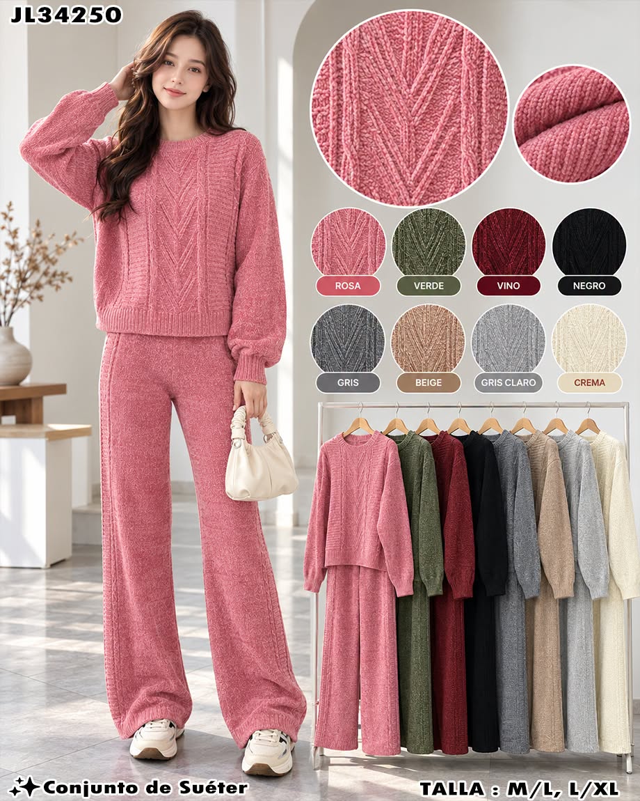 JL34250 - Conjunto de Suéter de Dama Tejido con Diseño en Relieve y Pantalón de Pierna Ancha