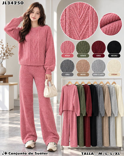 JL34250 - Conjunto de Suéter de Dama Tejido con Diseño en Relieve y Pantalón de Pierna Ancha