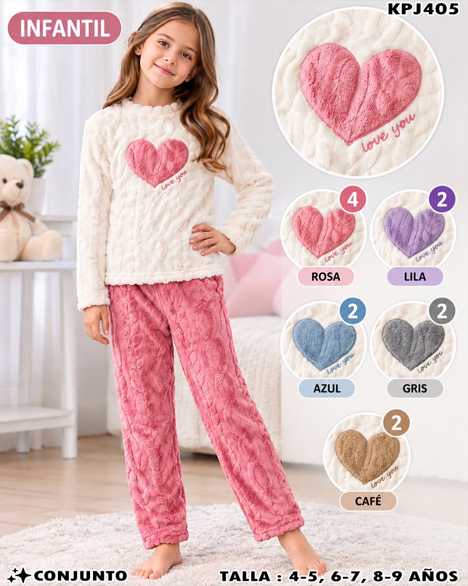 KPJ405 - Conjunto de Pijama Infantil de Peluche con Corazón