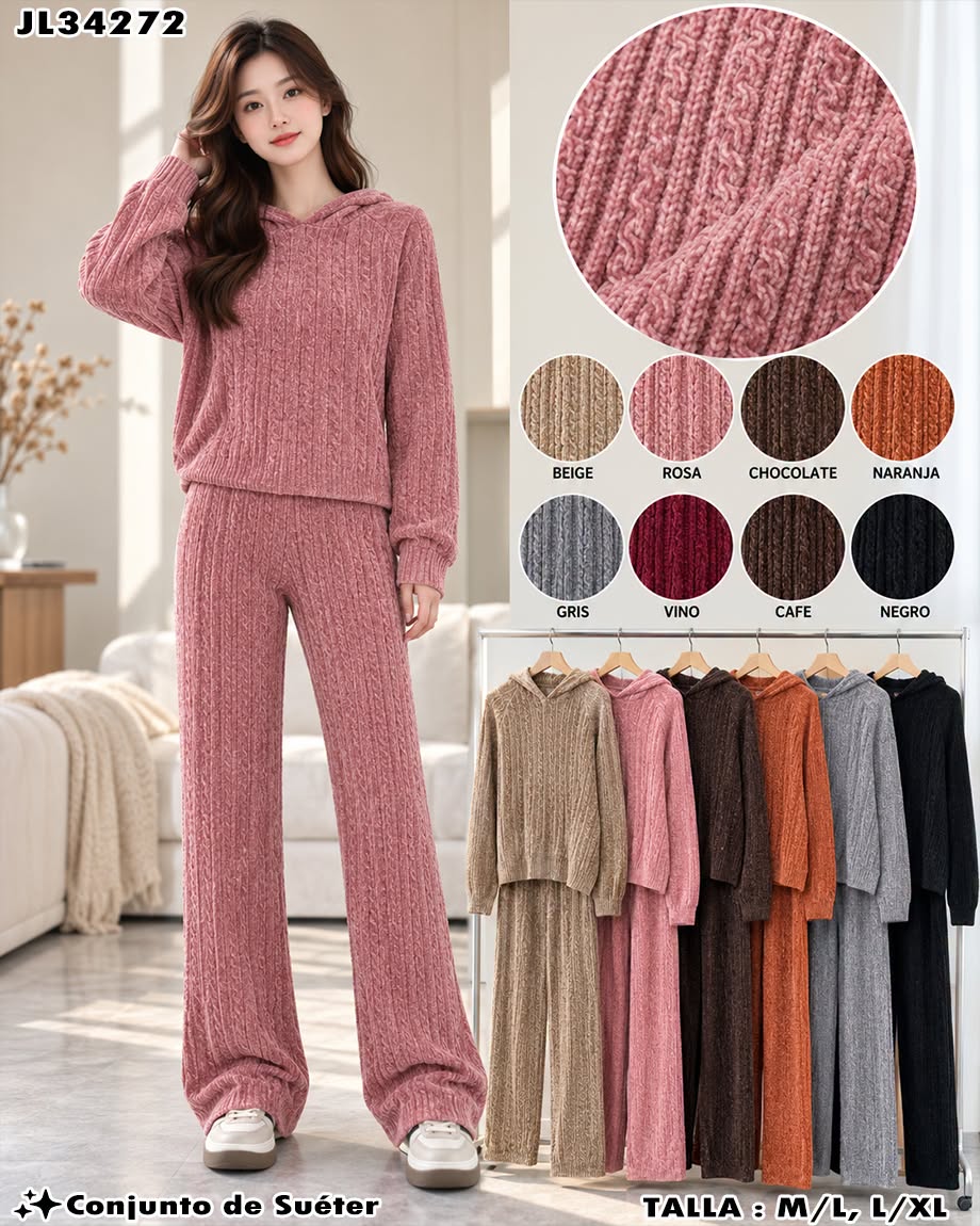 JL34272 - Conjunto de Suéter de Dama Tejido con Capucha y Pantalón de Pierna Ancha