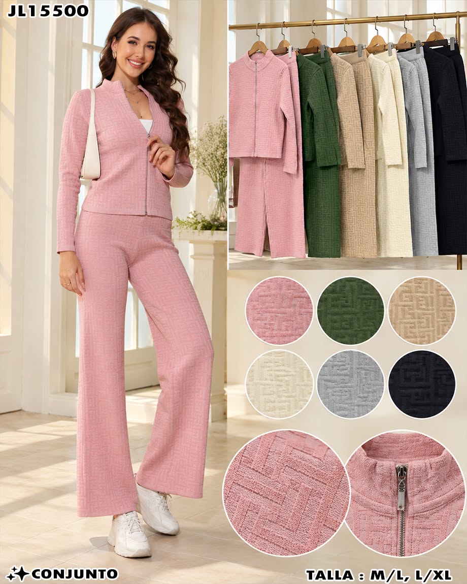 JL15500 - Conjunto de Dama de 2 Piezas con Textura en Relieve y Pantalón de Pierna Ancha