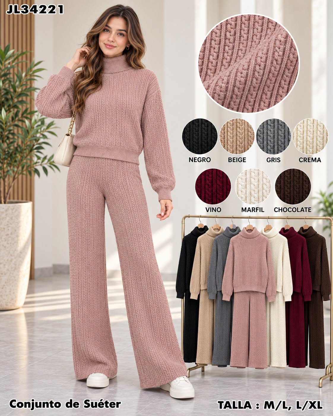 JL34221 - Conjunto de Suéter de Dama Tejido con Cuello Alto y Pantalón de Pierna Ancha
