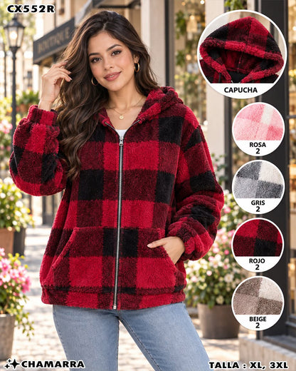 CX552R - Chamarra Polar a Cuadros con Capucha para Dama