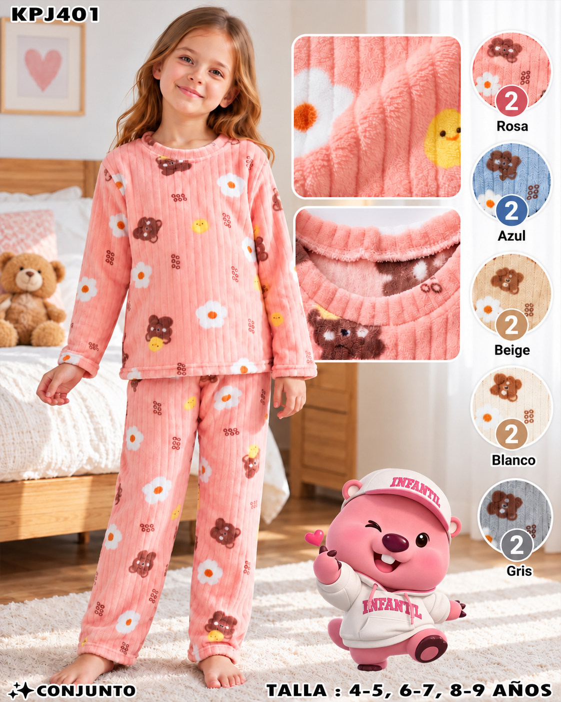 KPJ401 - Conjunto de Pijama Infantil Afelpado Estampado