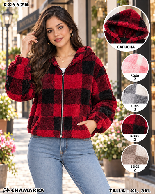 CX552R - Chamarra Polar a Cuadros con Capucha para Dama