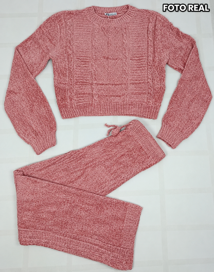 JL34250 - Conjunto de Suéter de Dama Tejido con Diseño en Relieve y Pantalón de Pierna Ancha