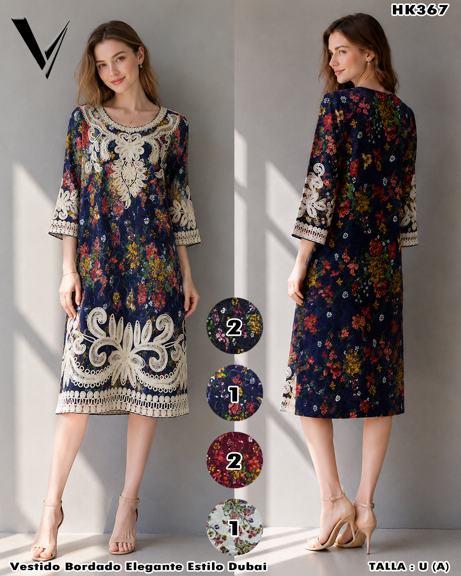 HK367 - Vestido Bordado Elegante Estilo Dubai