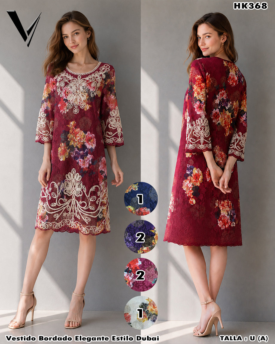 HK368 - Vestido Bordado Elegante Estilo Dubai