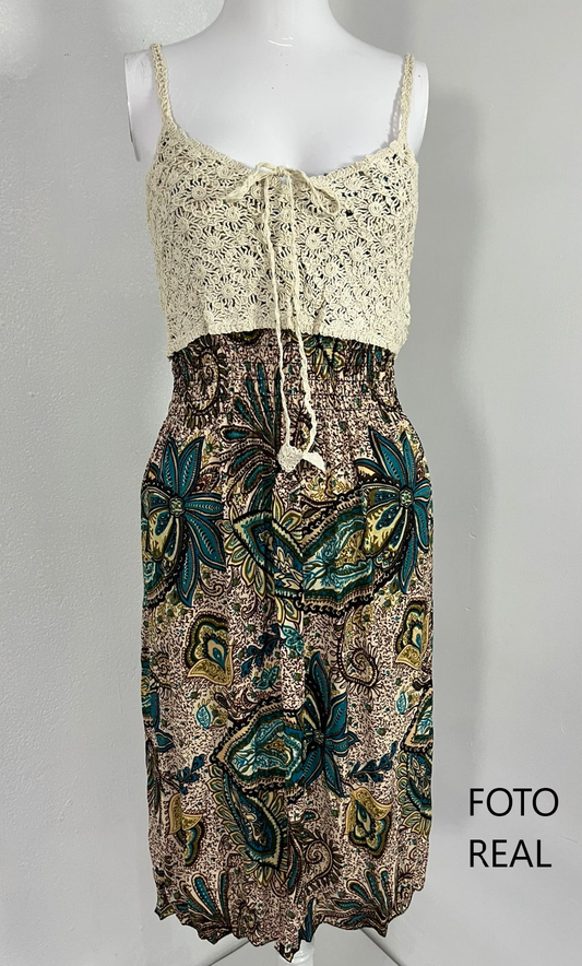 LT159 - Vestido Combinado Crochet & Estampado