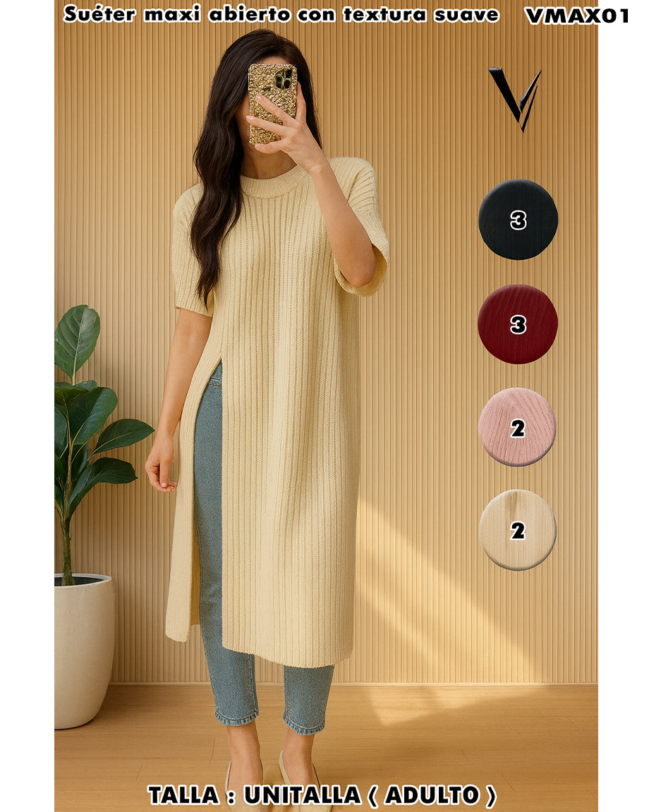 VMAX01 - Suéter maxi abierto con textura suave